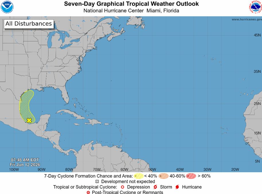 Low chance (20%) of tropical development in the southwest Gulf into this weekend